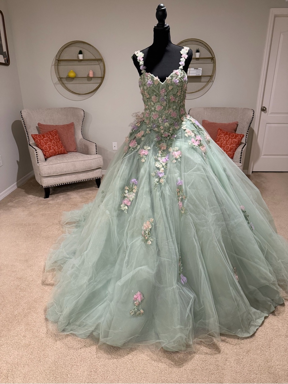 Mori Lee Sage Green Ball Gown with Pink & Lavender Floral Appliqués